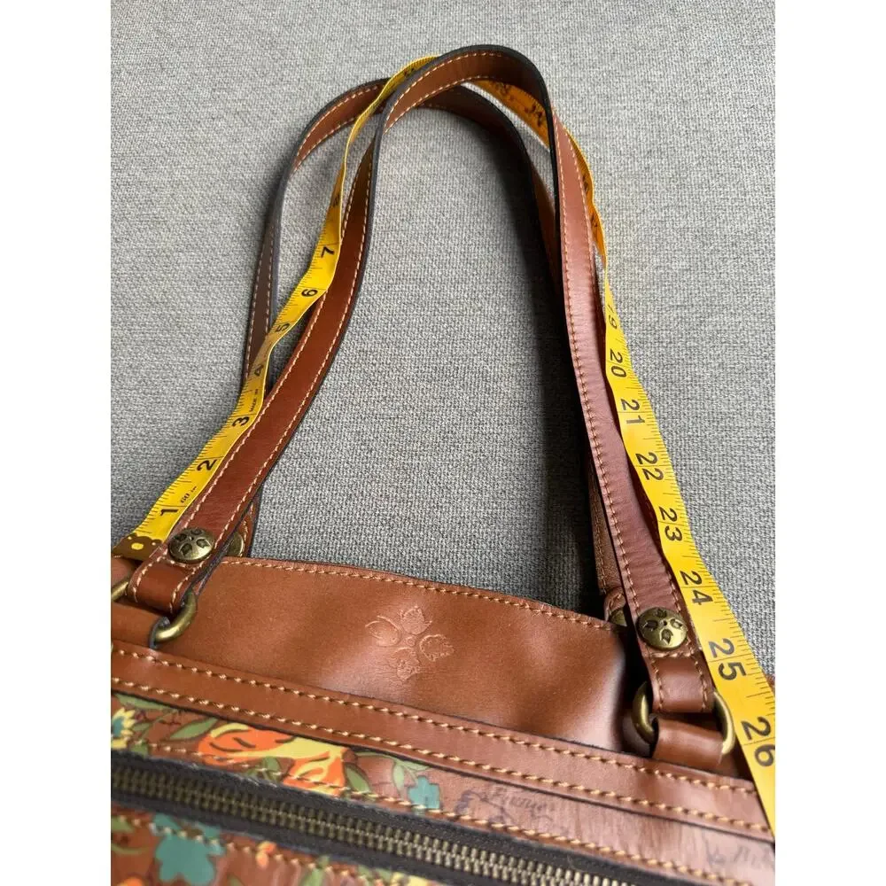 Patricia Nash Poppy Leather Boho Tote Shoulder Bag Floral Bird Map Print Tan